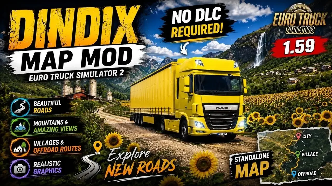 DinDix Map Mod (Narrow Roads Map) v2.0 (1.60.x) for ETS2